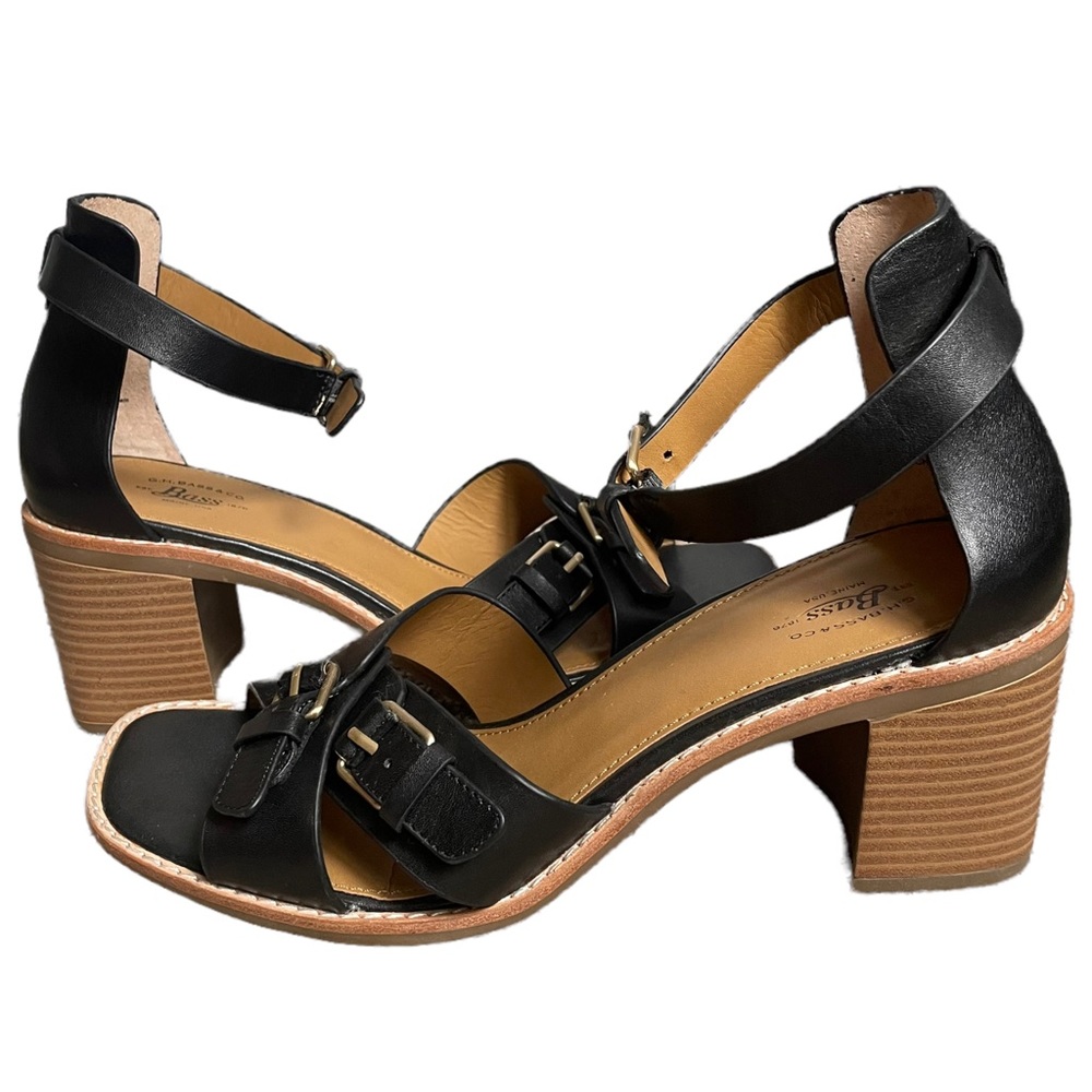 Bass Reese Black Leather Chunky Block Heel Boho Peasant Strappy Sandal Size 9